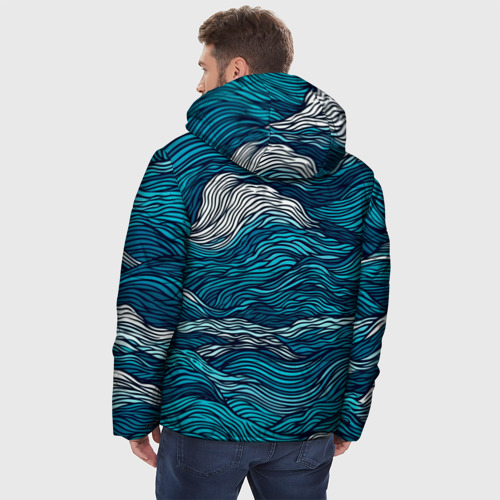 Мужская зимняя куртка 3D с принтом Синие волны  абстракт, вид сзади #2