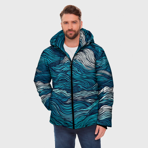 Мужская зимняя куртка 3D с принтом Синие волны  абстракт, фото на моделе #1