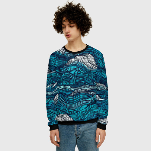 Мужской свитшот 3D с принтом Синие волны  абстракт, фото на моделе #1