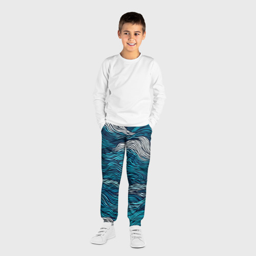 Детские брюки 3D с принтом Синие волны  абстракт, вид сбоку #3