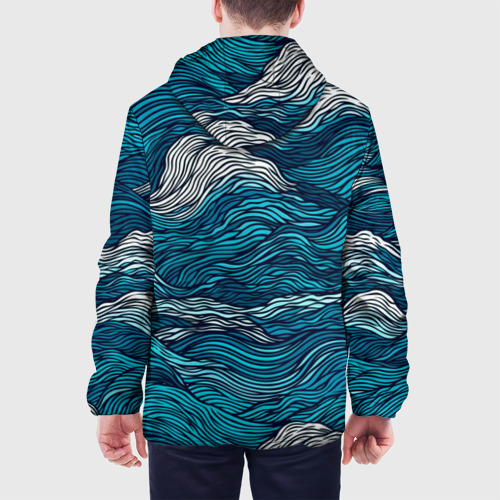 Мужская куртка 3D с принтом Синие волны  абстракт, вид сзади #2