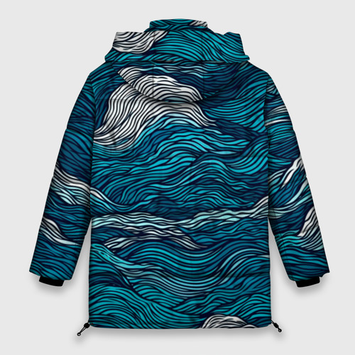 Женская зимняя куртка 3D с принтом Синие волны  абстракт, вид сзади #1