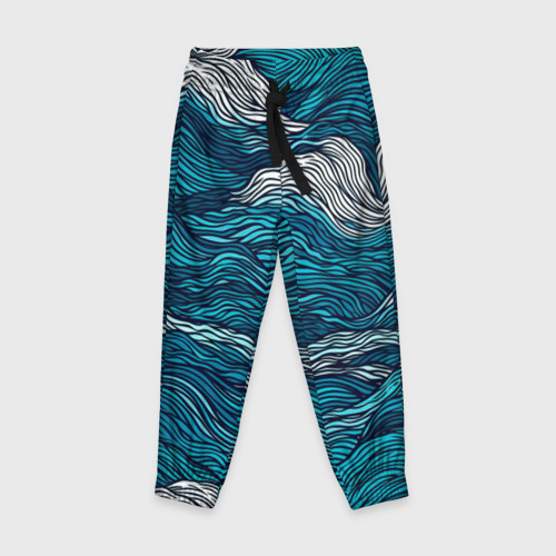 Детские брюки 3D с принтом Синие волны  абстракт, вид спереди #2
