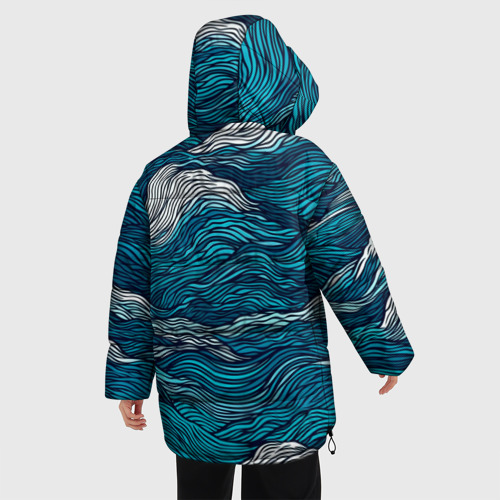 Женская зимняя куртка 3D с принтом Синие волны  абстракт, вид сзади #2