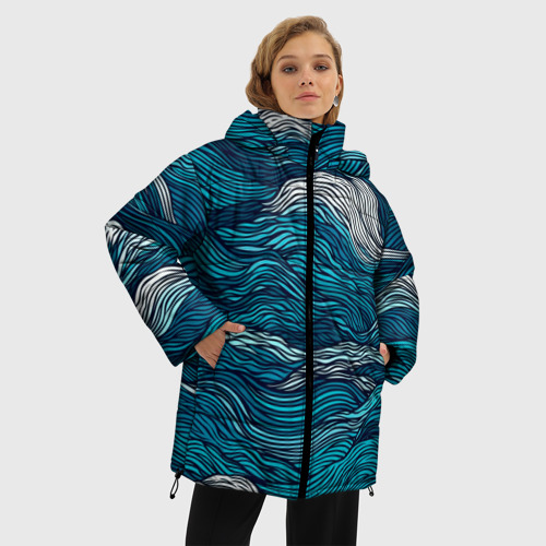 Женская зимняя куртка 3D с принтом Синие волны  абстракт, фото на моделе #1