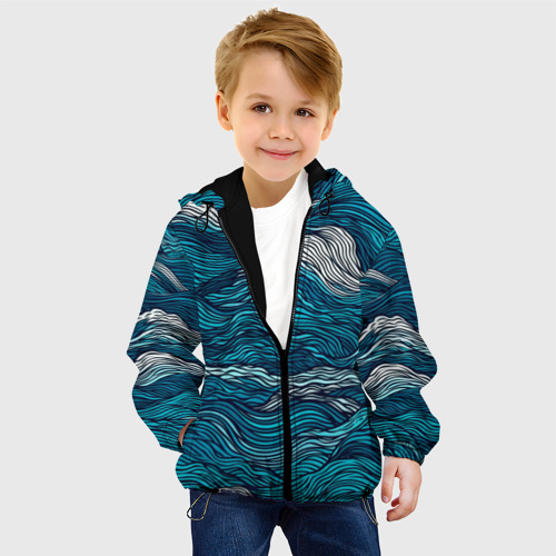 Детская куртка 3D с принтом Синие волны  абстракт, фото на моделе #1