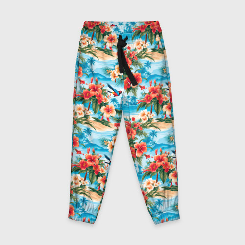Детские брюки 3D с принтом Гавайский стиль летние цветы, вид спереди #2