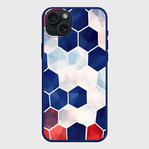 Чехол силиконовый для Apple iPhone 15 Plus матовый с принтом Соты белые синие красные - Русский спорт, вид спереди №1