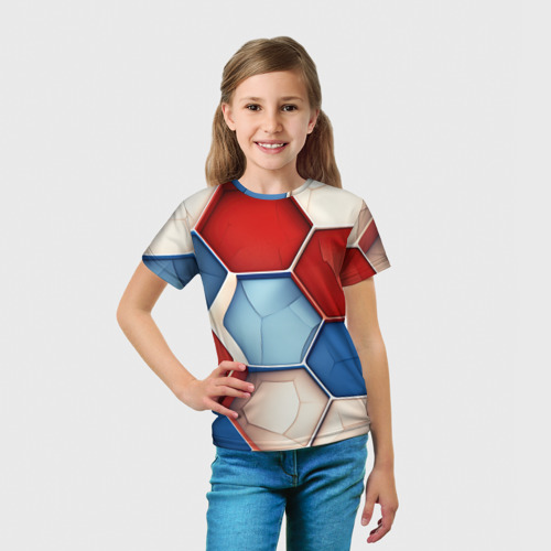 Детская футболка 3D с принтом Большие белые синие красные плиты, вид сбоку #3