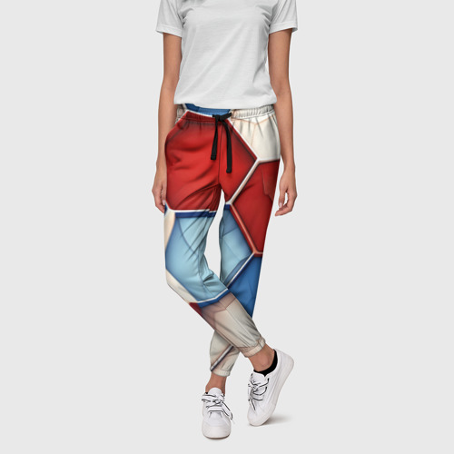 Женские брюки 3D с принтом Большие белые синие красные плиты, фото на моделе #1