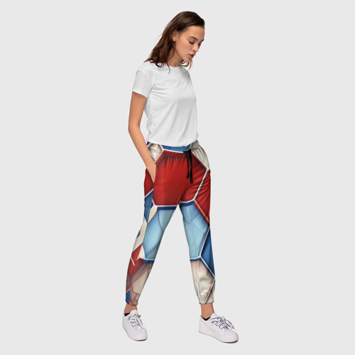 Женские брюки 3D с принтом Большие белые синие красные плиты, вид сбоку #3