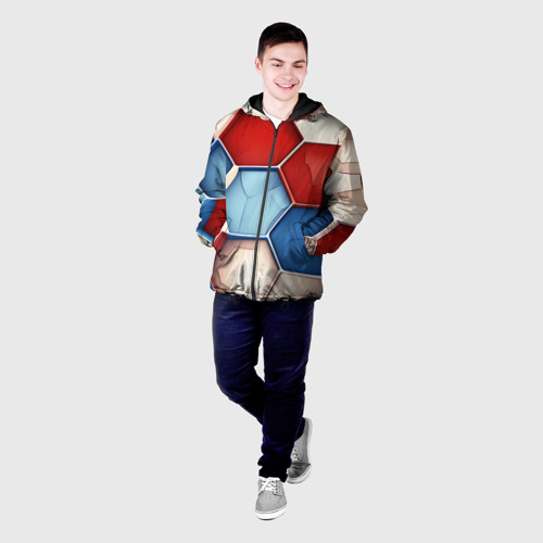 Мужская куртка 3D с принтом Большие белые синие красные плиты, фото на моделе #1