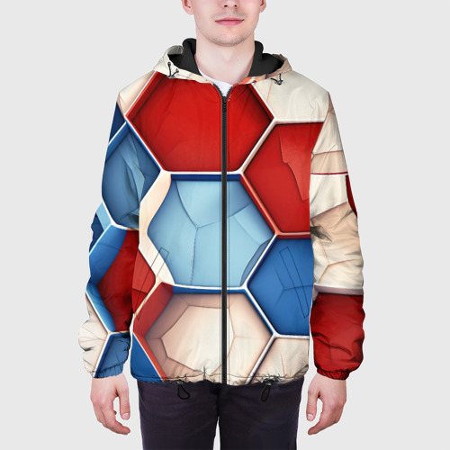 Мужская куртка 3D с принтом Большие белые синие красные плиты, вид сбоку #3