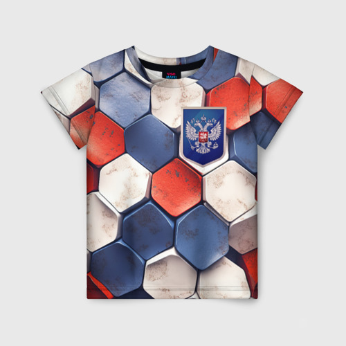 Детская футболка 3D с принтом Объемные плиты флаг России, вид спереди #2