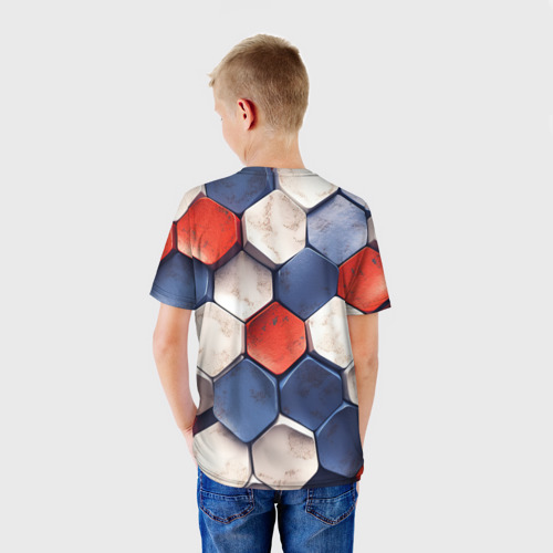 Детская футболка 3D с принтом Объемные плиты флаг России, вид сзади #2