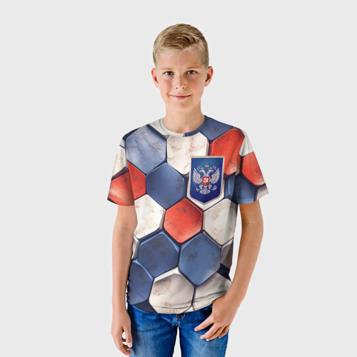 Детская футболка 3D с принтом Объемные плиты флаг России, фото на моделе #1