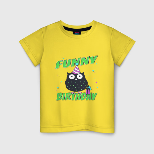Детская футболка хлопок Funny Birthday веселого дня рождения и сова в колпаке, цвет желтый