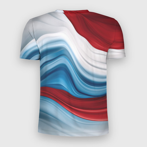 Мужская футболка 3D Slim с принтом Белые  синие красные  волны, вид сзади #1