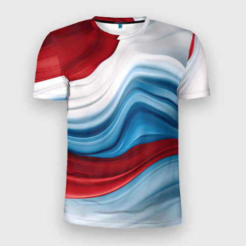 Мужская футболка 3D Slim с принтом Белые  синие красные  волны, вид спереди #2