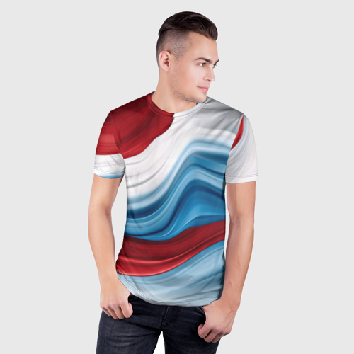 Мужская футболка 3D Slim с принтом Белые  синие красные  волны, фото на моделе #1