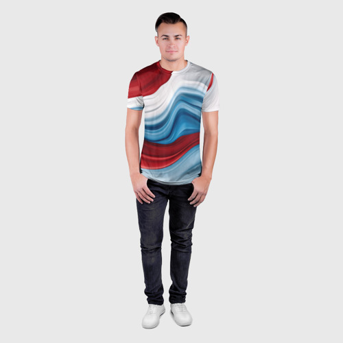 Мужская футболка 3D Slim с принтом Белые  синие красные  волны, вид сбоку #3
