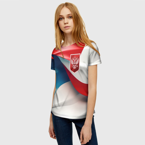 Женская футболка 3D с принтом Красный герб    России, фото на моделе #1