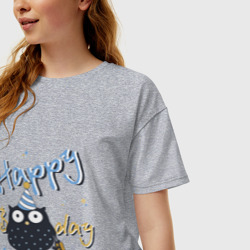Женская футболка хлопок Oversize Happy Birthday надпись и забавная сова - фото 2