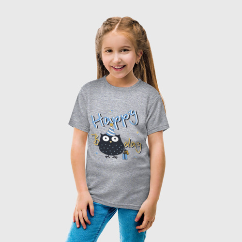 Детская футболка хлопок Happy Birthday надпись и забавная сова, цвет меланж - фото 5