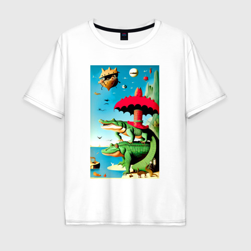Мужская футболка из хлопка оверсайз с принтом Два крокодила - памяти Иеронима Босха, вид спереди №1