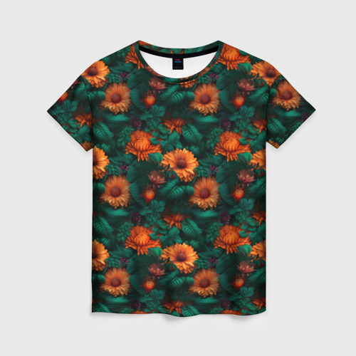 Женская футболка 3D с принтом Оранжевые цветы и зеленые листья, вид спереди #2