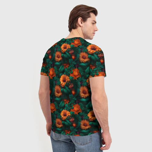 Мужская футболка 3D с принтом Оранжевые цветы и зеленые листья, вид сзади #2