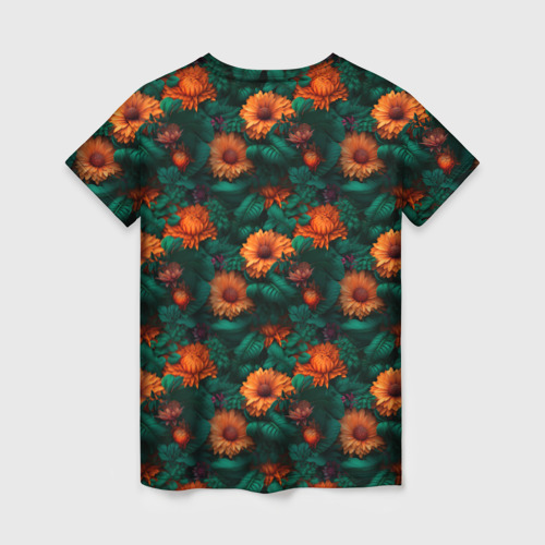 Женская футболка 3D с принтом Оранжевые цветы и зеленые листья, вид сзади #1