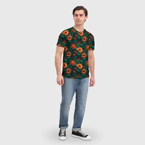 Мужская футболка 3D с принтом Оранжевые цветы и зеленые листья, вид сбоку #3