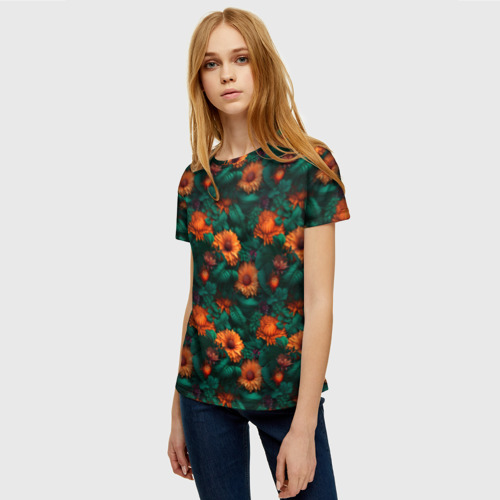 Женская футболка 3D с принтом Оранжевые цветы и зеленые листья, фото на моделе #1