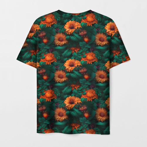 Мужская футболка 3D с принтом Оранжевые цветы и зеленые листья, вид сзади #1