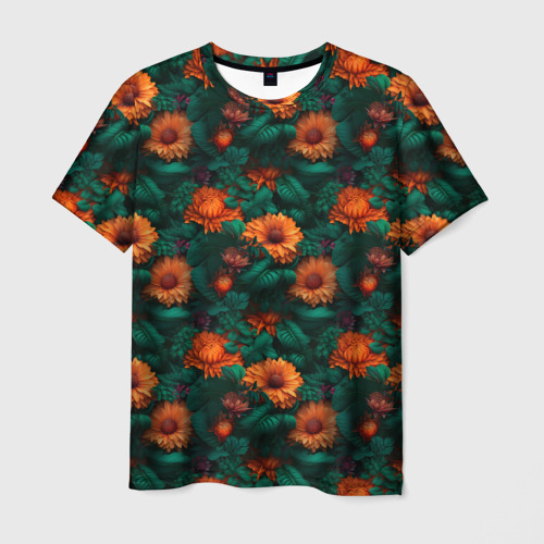Мужская футболка 3D с принтом Оранжевые цветы и зеленые листья, вид спереди #2