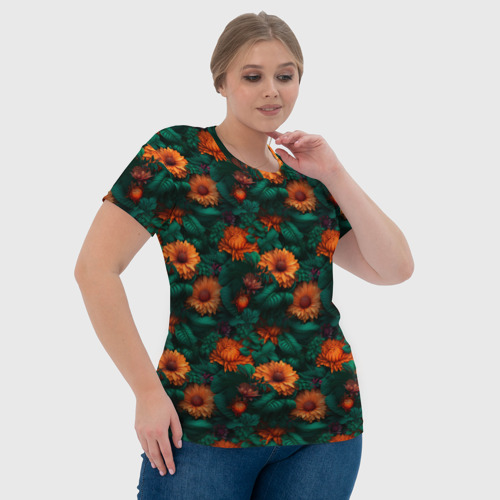 Женская футболка 3D с принтом Оранжевые цветы и зеленые листья, фото #4