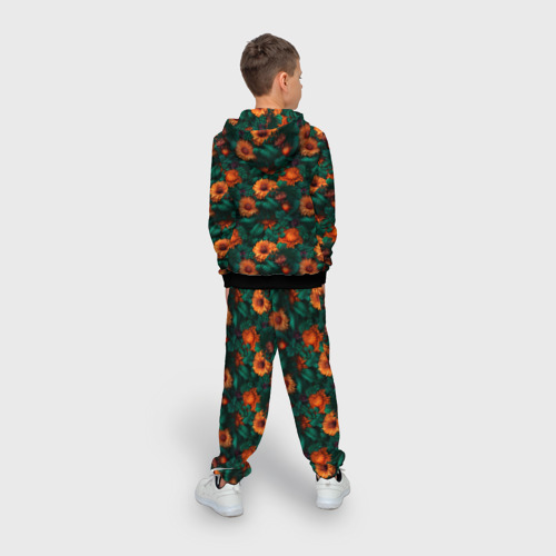 Детский 3D костюм с принтом Оранжевые цветы и зеленые листья, вид сзади #2