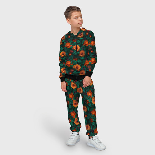 Детский 3D костюм с принтом Оранжевые цветы и зеленые листья, фото на моделе #1