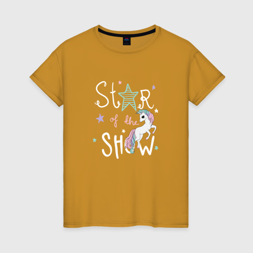 Женская футболка хлопок с принтом Звездное шоу единорожки, вид спереди #2