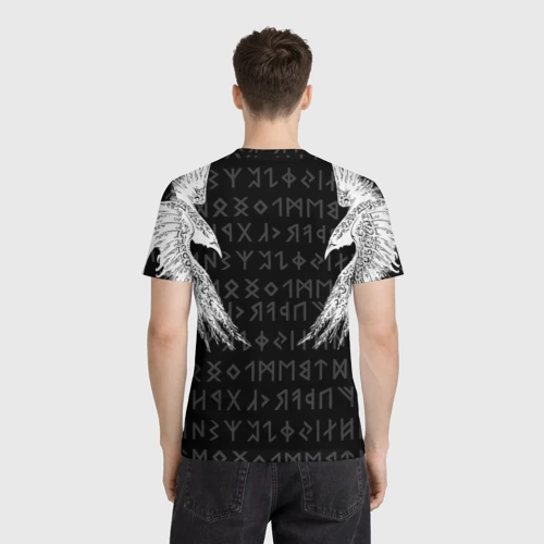 Мужская футболка 3D с принтом Крылья ворона и скандинавская руна, вид сзади #2