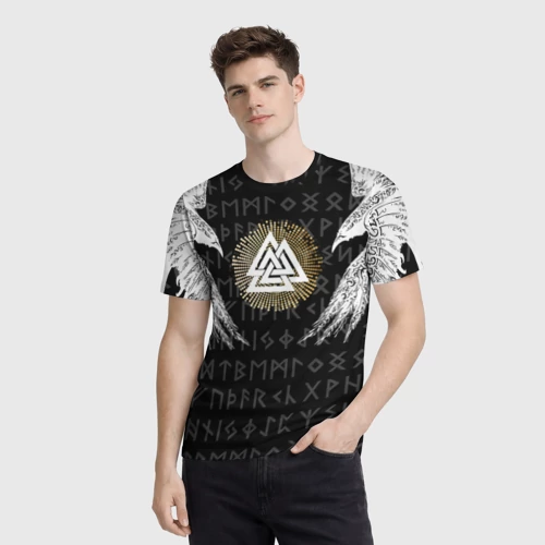Мужская футболка 3D с принтом Крылья ворона и скандинавская руна, фото на моделе #1