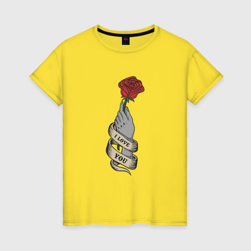 Женская футболка хлопок Рука с розой я люблю тебя, цвет желтый