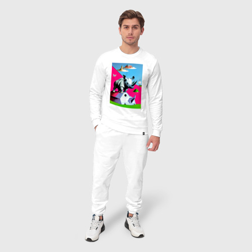 Мужской костюм хлопок Прикольный носорог - поп-арт, цвет белый - фото 3