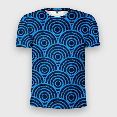 Мужская футболка 3D Slim с принтом Синие круги паттерн, вид спереди #2