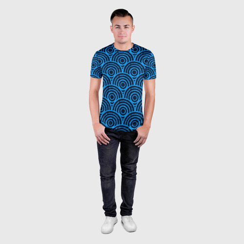 Мужская футболка 3D Slim с принтом Синие круги паттерн, вид сбоку #3