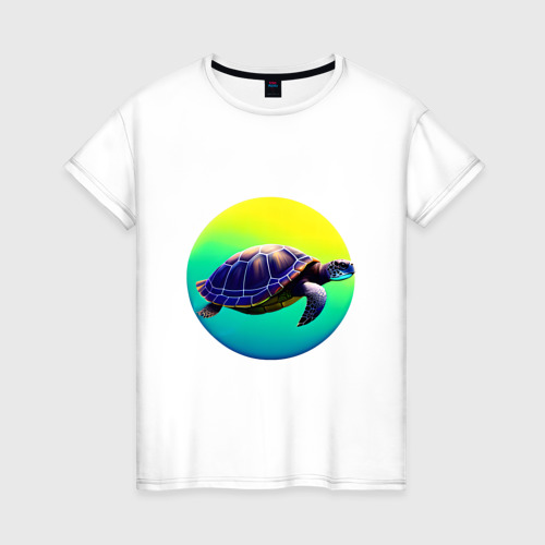 Женская футболка из хлопка с принтом Плывущая морская черепаха, вид спереди №1