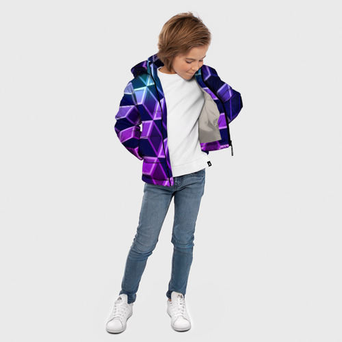 Зимняя куртка для мальчиков 3D с принтом Неоновые кубы иллюзия, вид сбоку #3