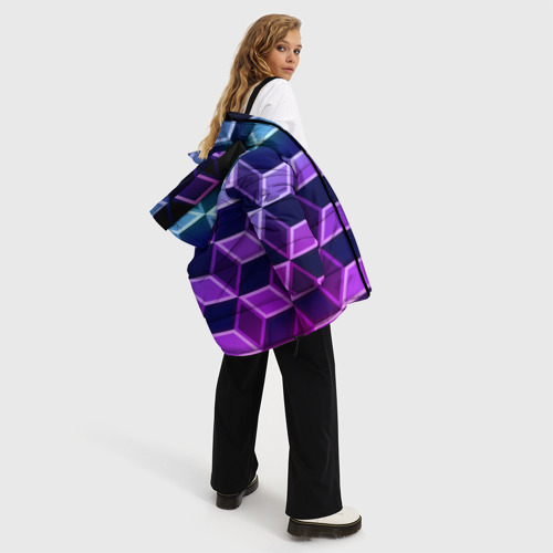 Женская зимняя куртка 3D с принтом Неоновые кубы иллюзия, вид сбоку #3
