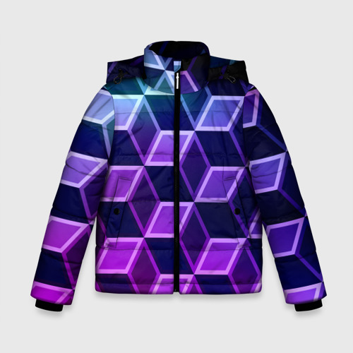Зимняя куртка для мальчиков 3D с принтом Неоновые кубы иллюзия, вид спереди #2